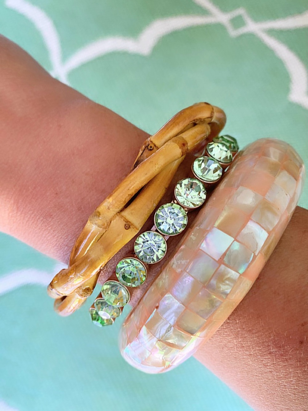 Peach Mother-of-Pearl, Green Crystal, Vintage natural Bamboo Bangle Trio Stack